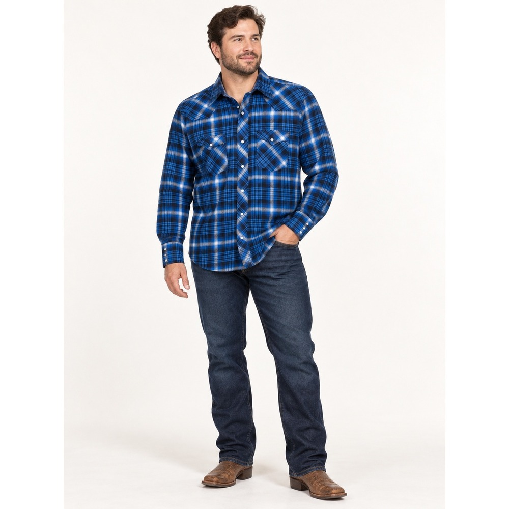 Wrangler Men's XL Blue Plaid Pearl Snap Western Shirt